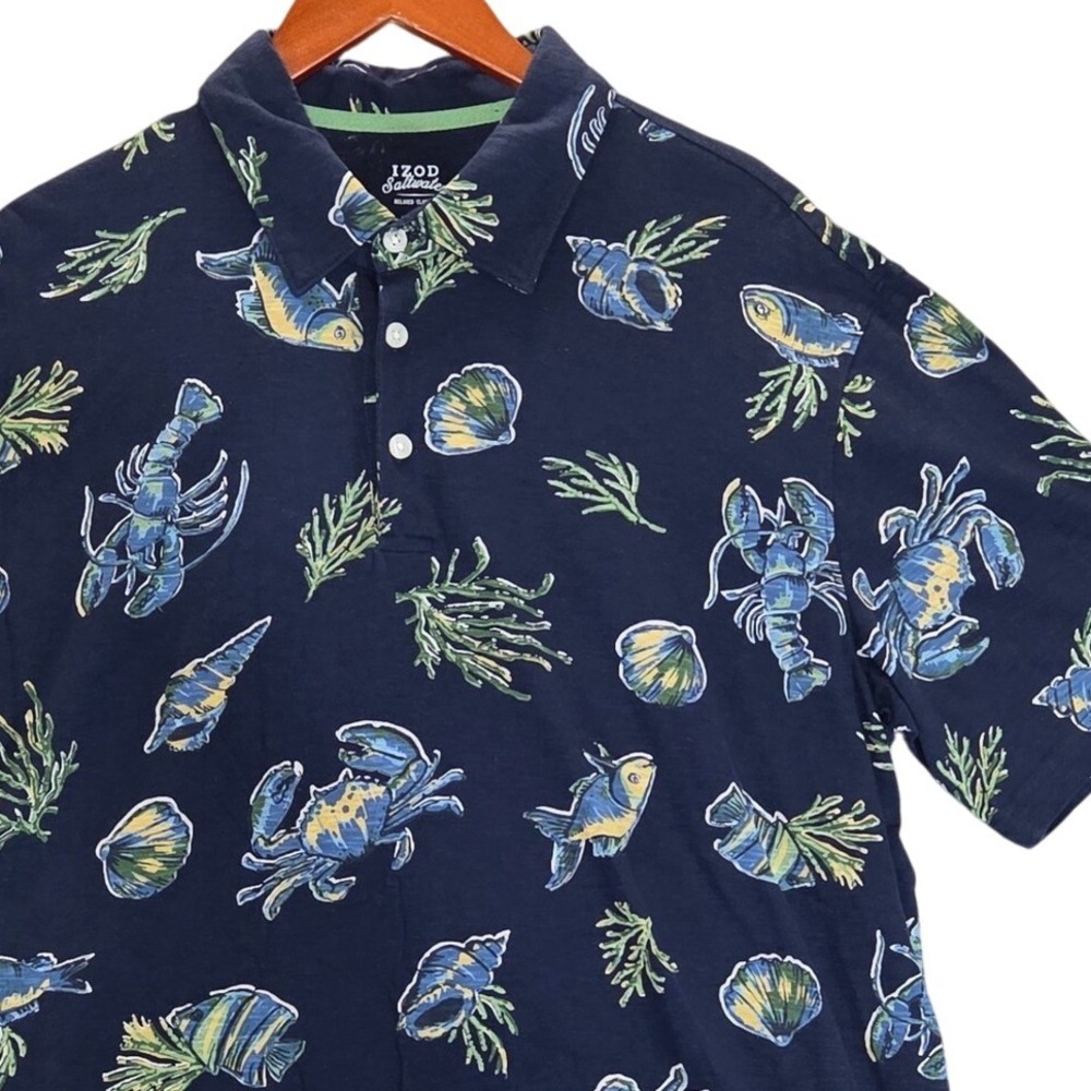 IZOD Polo Shirt Blue Lobster Crab Sea Life Print Casual‎ Short Sleeve Mens L